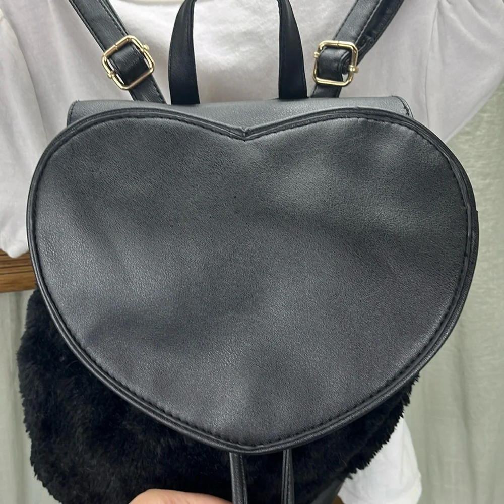 Black Faux Fur Mini Heart Backpack With Faux Leather Heart Flap and Pulls